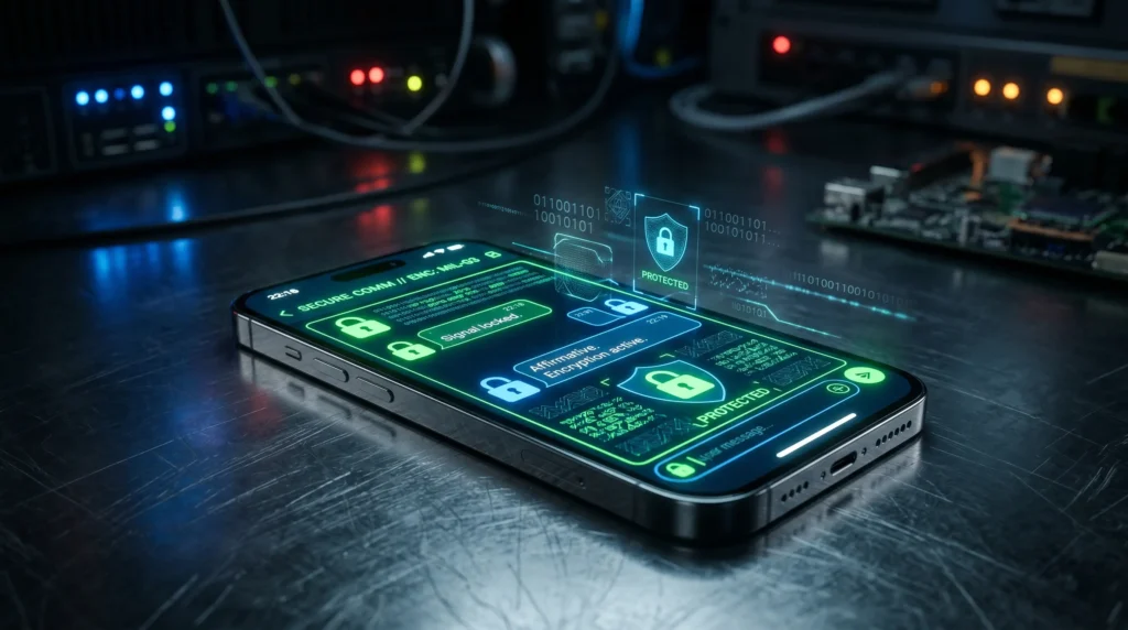 ne personne utilisant une application messagerie sécurisée sur son smartphone pour chiffrer ses données.