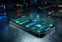 Un smartphone affichant des applications de messagerie sécurisée avec des interfaces de chiffrement de données.