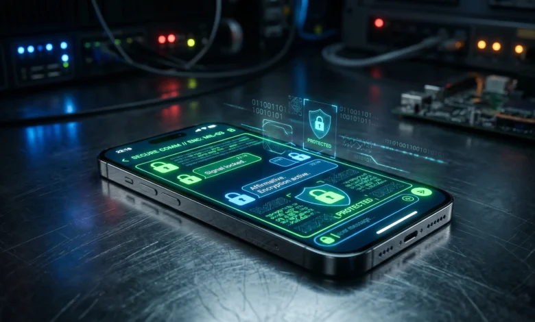Un smartphone affichant des applications de messagerie sécurisée avec des interfaces de chiffrement de données.