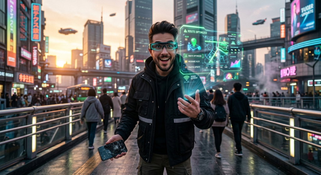 Illustration futuriste d'un utilisateur portant des lunettes de réalité augmentée affichant des hologrammes.