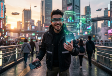 Illustration futuriste d'un utilisateur portant des lunettes de réalité augmentée affichant des hologrammes.