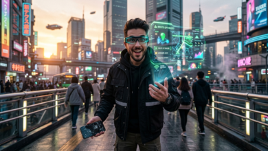 Illustration futuriste d'un utilisateur portant des lunettes de réalité augmentée affichant des hologrammes.