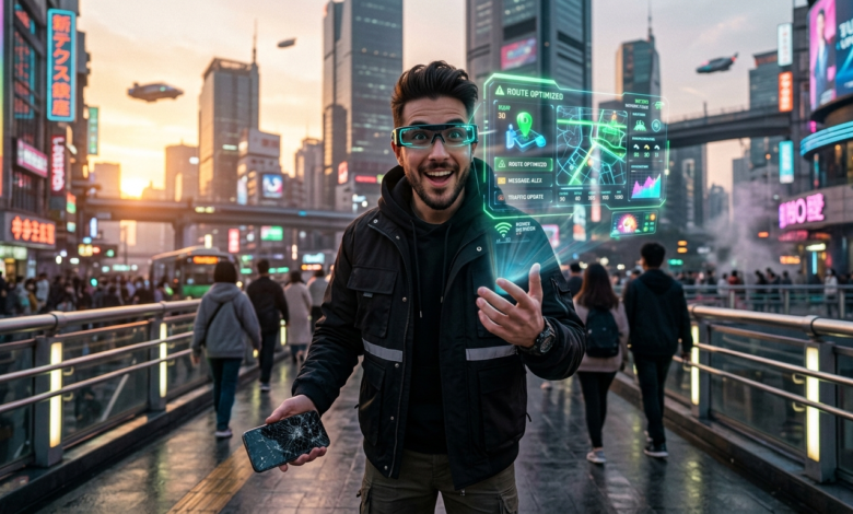 Illustration futuriste d'un utilisateur portant des lunettes de réalité augmentée affichant des hologrammes.