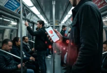 Un utilisateur protégeant son téléphone contre le piratage nfc smartphone dans les transports.