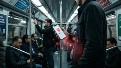 Un utilisateur protégeant son téléphone contre le piratage nfc smartphone dans les transports.