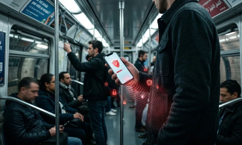 Un utilisateur protégeant son téléphone contre le piratage nfc smartphone dans les transports.