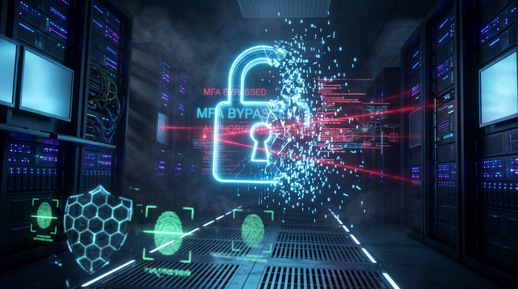 Schéma illustrant le contournement MFA par l'IA dans une infrastructure informatique